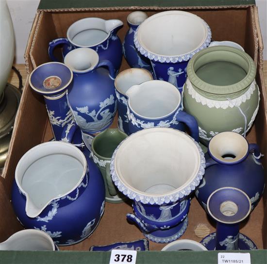 A collection of 19th and 20th century Wedgwood dark blue and green ground Jasperware,